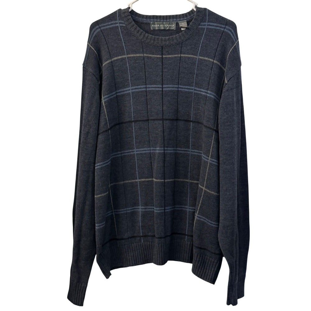Oscar de la Renta Mens XL Navy Blue Plaid Cotton Blend Crew Neck Sweater Classic